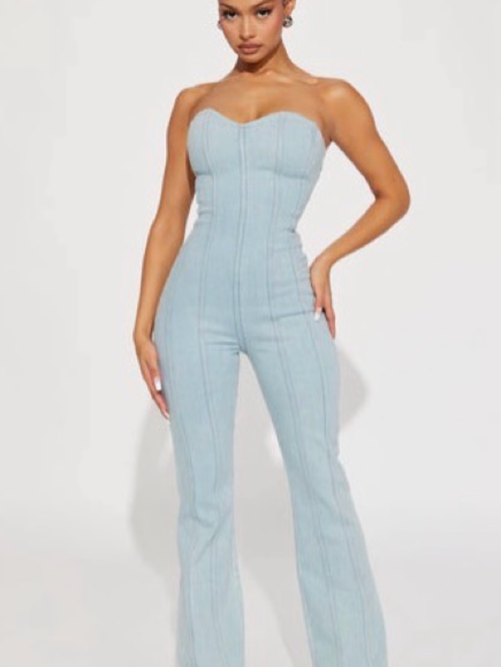 Fashion Nova Light Blue Strapless Denim Jumpsuit